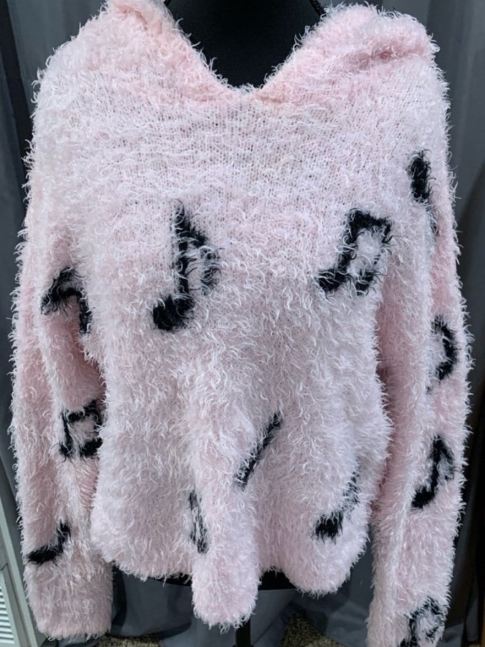 Hot Topic Pale Pink Fuzzy Sweater with Black Music Notes